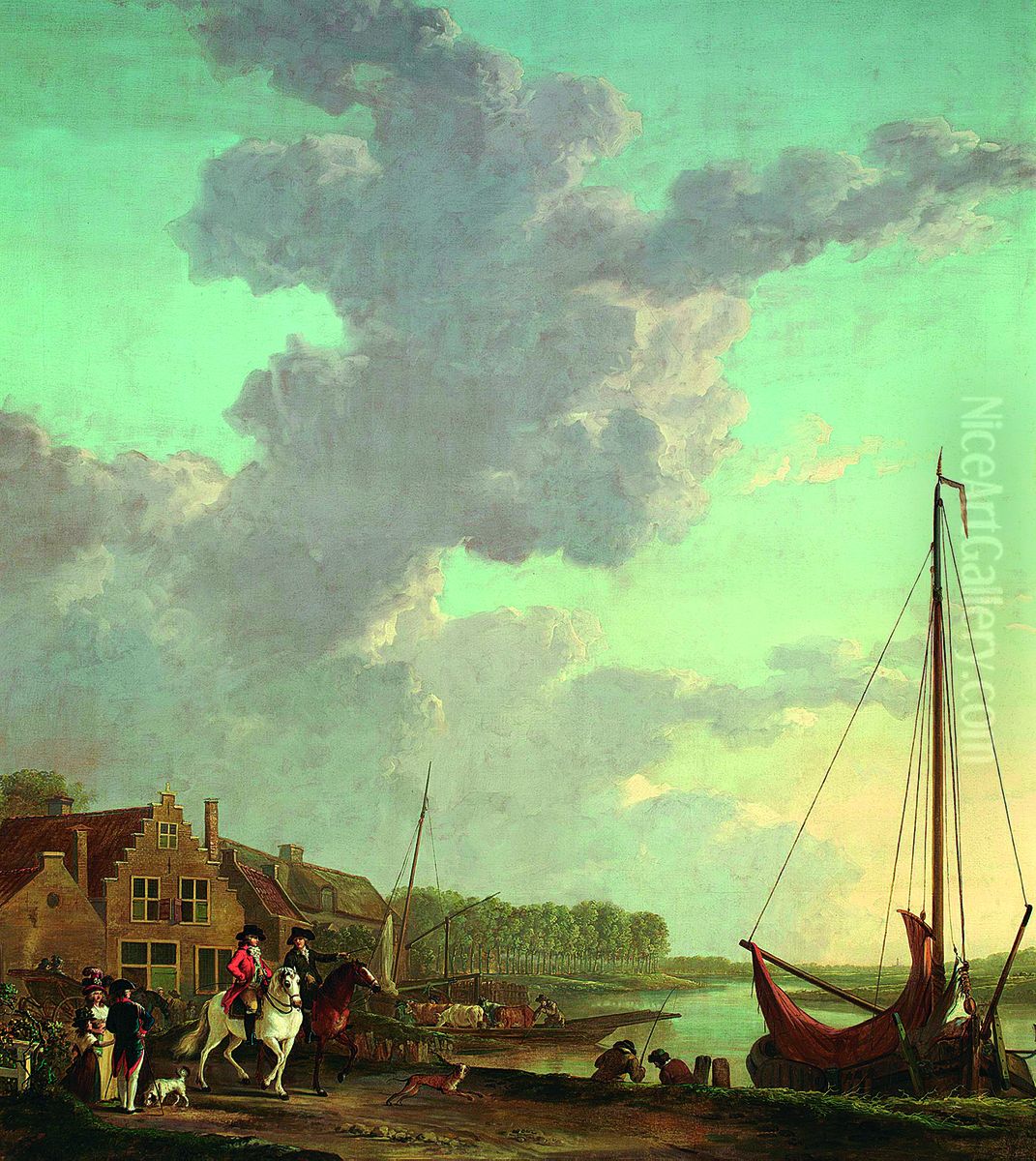 Rivierlandschap met een boeier en ruiters te paard op de voorgrond Oil Painting by Jacob van Strij
