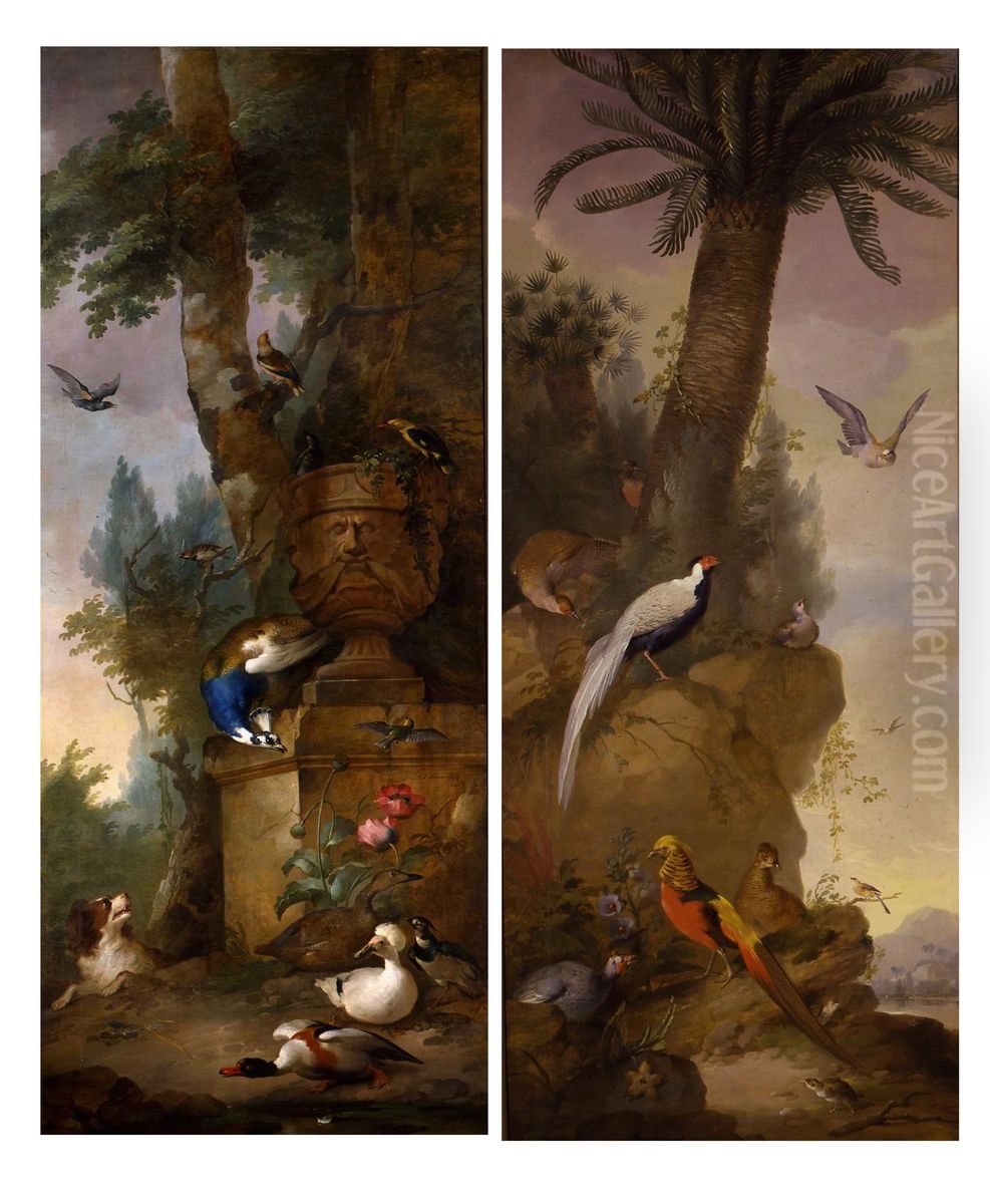 A peacock and ducks, chased by a dog in a park-like landscape Oil Painting by Aert Schouman