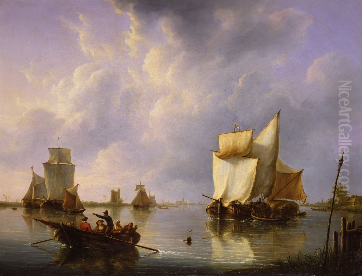 Riviergezicht bij Dordrecht met op de achtergrond het Huis te Merwede Oil Painting by Martinus Schouman