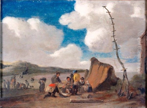 Strandgezicht met vissers rond een hut Oil Painting by Pieter de Valck