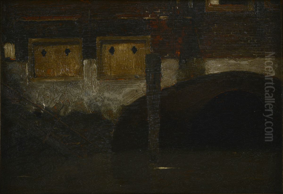 Huizen met meerpaal aan het water Oil Painting by Willem Witsen