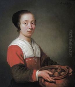 Young maid holding a cooking pot full of oliebollen