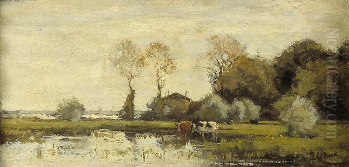 Landschap met koeien aan een plas Oil Painting by Theophile Emile Achille De Bock