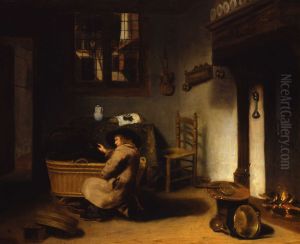 Interieur met een jongen naast een wieg