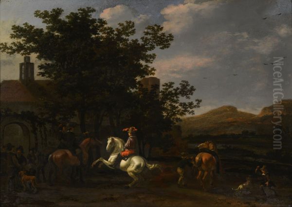 Riders near an inn Oil Painting by Abraham Van Calraet