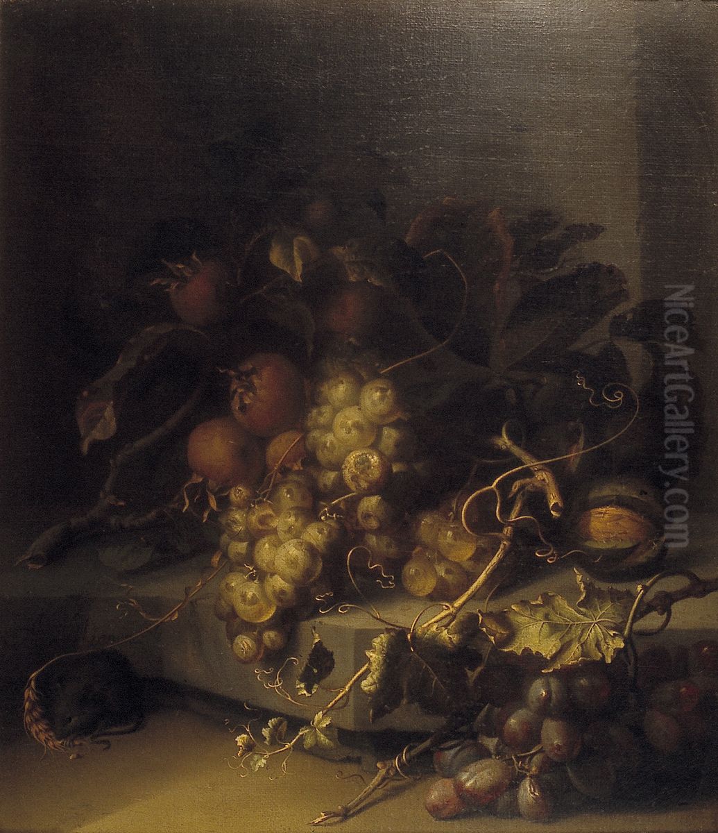 Stilleven met druiven, mispel en muis Oil Painting by Jacob van Walscapelle