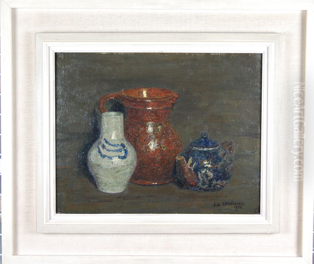 Stilleven met witte vaas, bruine kan en theepotje Oil Painting by Jan Adam Zandleven