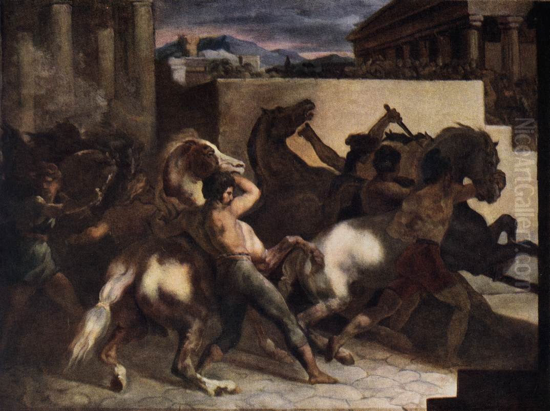 Start of the race of the riderless horses in Rome (Barberi race) Oil Painting by Theodore Gericault