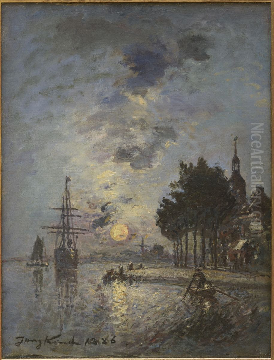 Gezicht op het Groothoofd te Dordrecht bij maanlicht Oil Painting by Johan Jongkind
