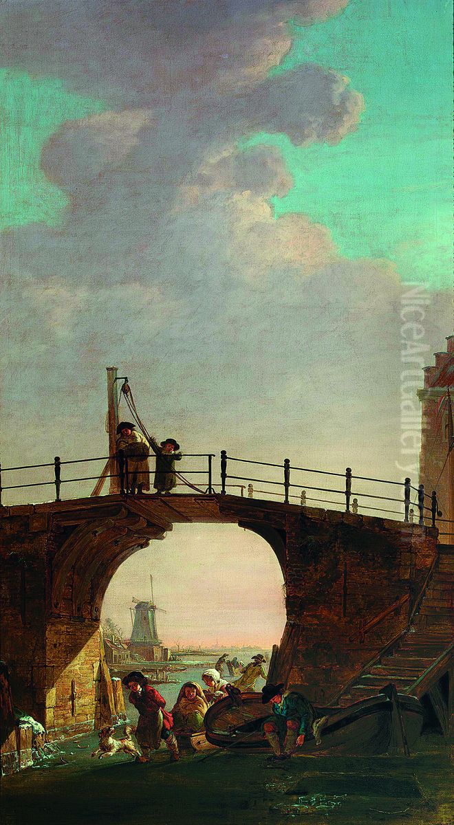 Winterlandschap met kinderen op het ijs onder een brug Oil Painting by Jacob van Strij