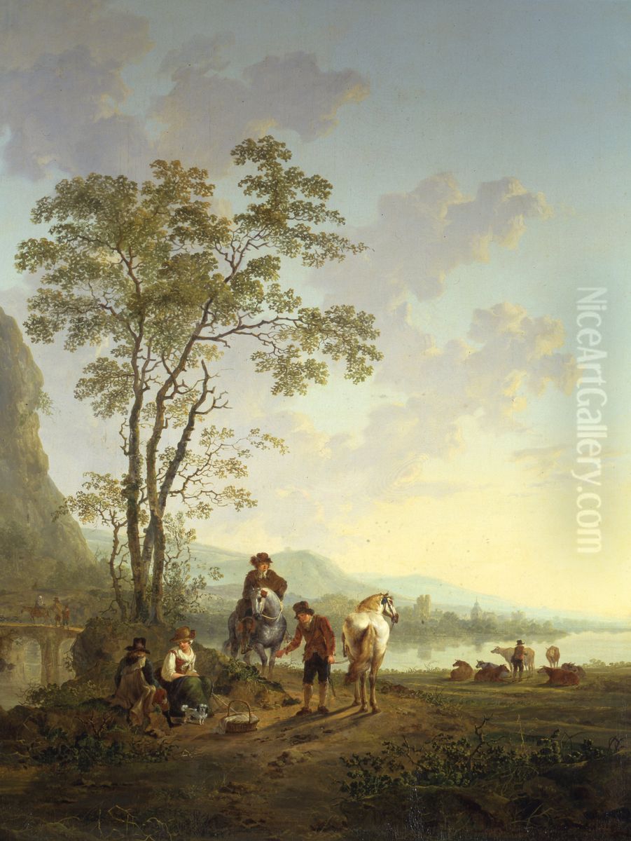 Italianiserend landschap met reizigers aan de kant van de weg en in de verte de ruine van het Huis te Merwede Oil Painting by Jacob van Strij