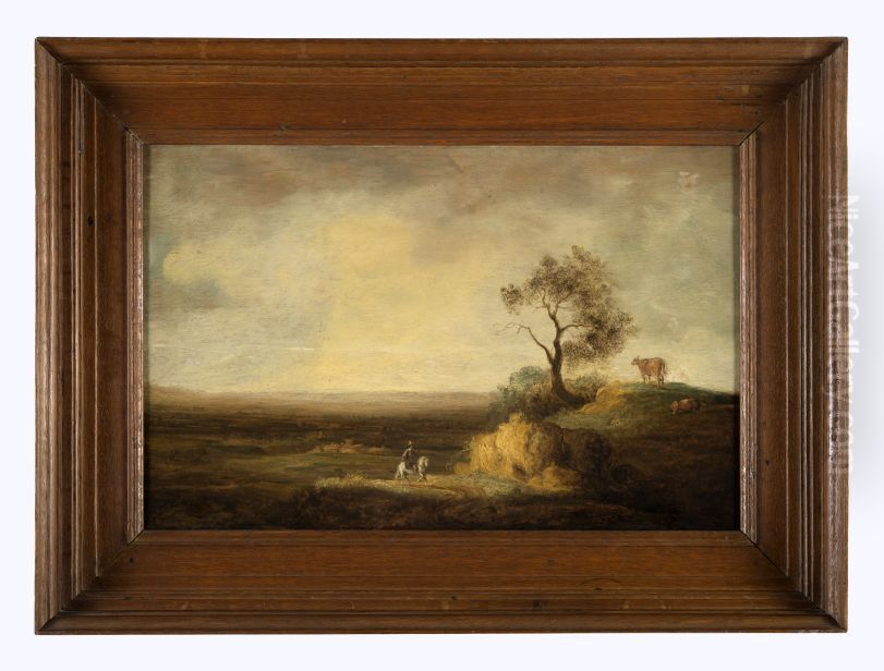 Hilly landscape with rider, on a hill cows at a tree Oil Painting by Dirck Bleker
