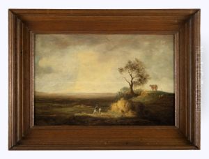 Hilly landscape with rider, on a hill cows at a tree