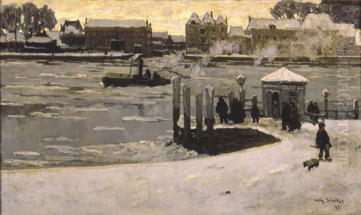Het Zwijndrechtse veer bij ijsgang Oil Painting by Jan Willem Sluiter