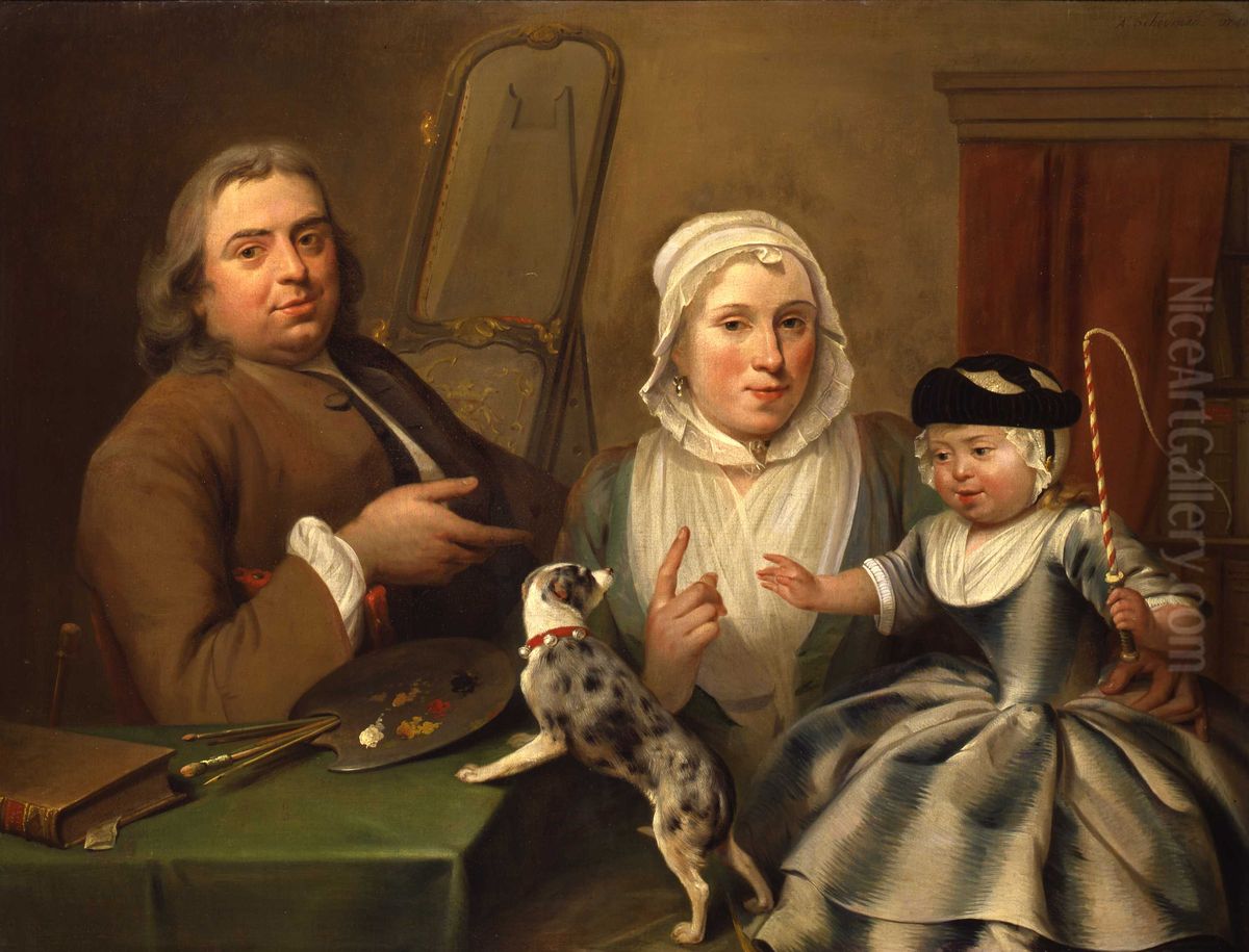 Portrait of Albertus de Jonck (1714-1766), Maria Verpoorten (?-?) and Willem de Jonck (?-?) Oil Painting by Aert Schouman