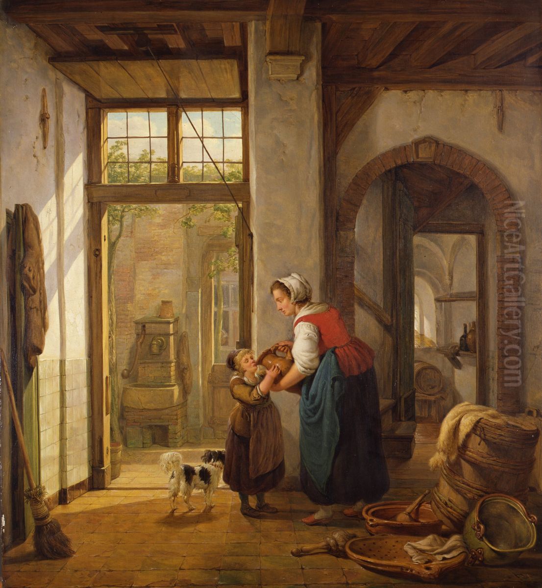 Interieur met een vrouw, die een meisje te drinken geeft Oil Painting by Abraham van Strij