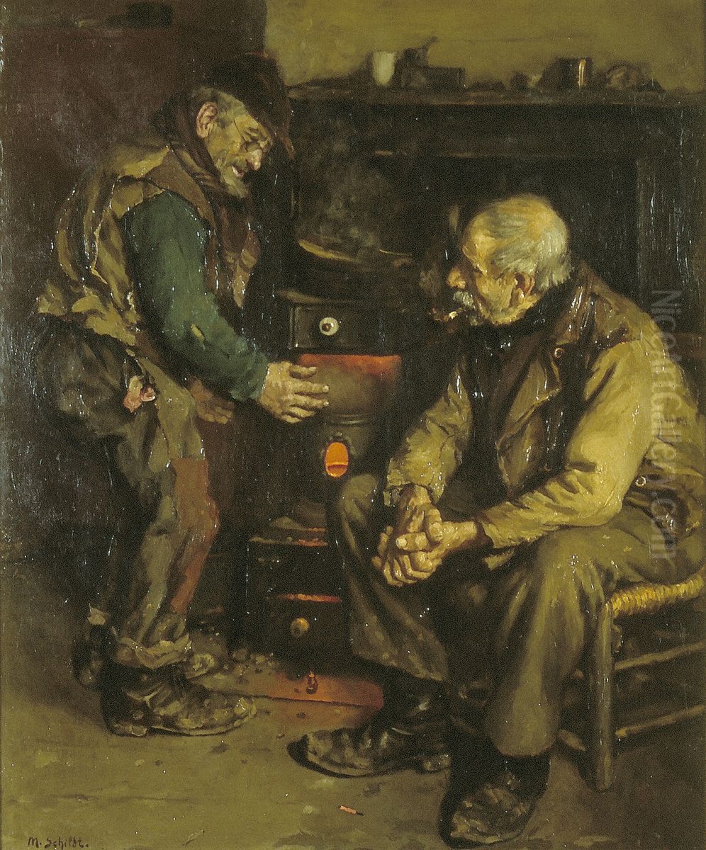 Twee oude mannen bij een kachel Oil Painting by Martin Schildt