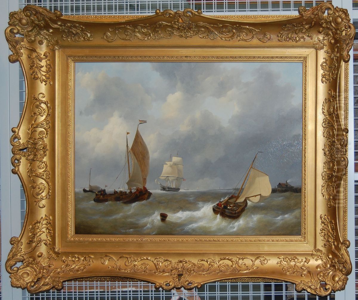 Tossing Water with Ships in the Zeeland Streams Oil Painting by Johannes Christiaan Schotel