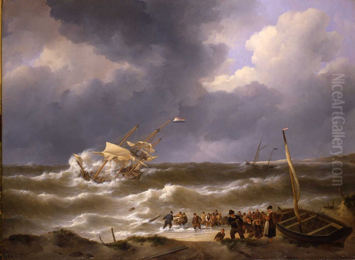 The beaches of the three-masted Iphigenia at Zandvoort in 1816 Oil Painting by Johannes Christiaan Schotel