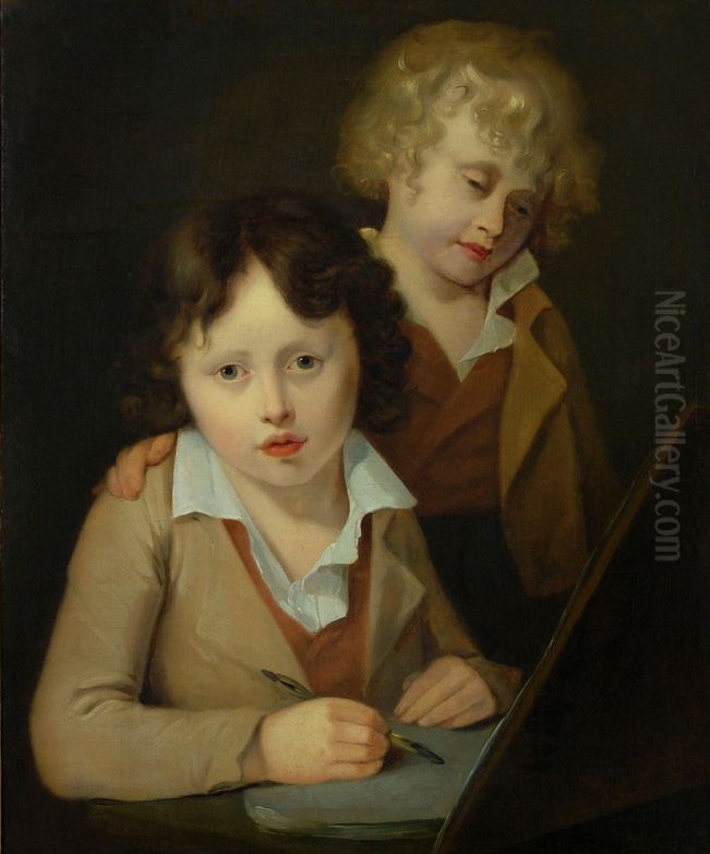 Portretten van Ary en Karel Arnoldus Scheffer op jeugdige leeftijd Oil Painting by Johann Baptist Scheffer