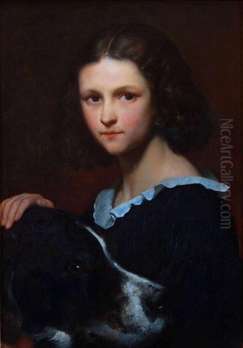 Portrait of Scheffers dochter Cornelia, later mw. Marjolin als 10 jarig meisje met haar hond Turc Oil Painting by Ary Scheffer