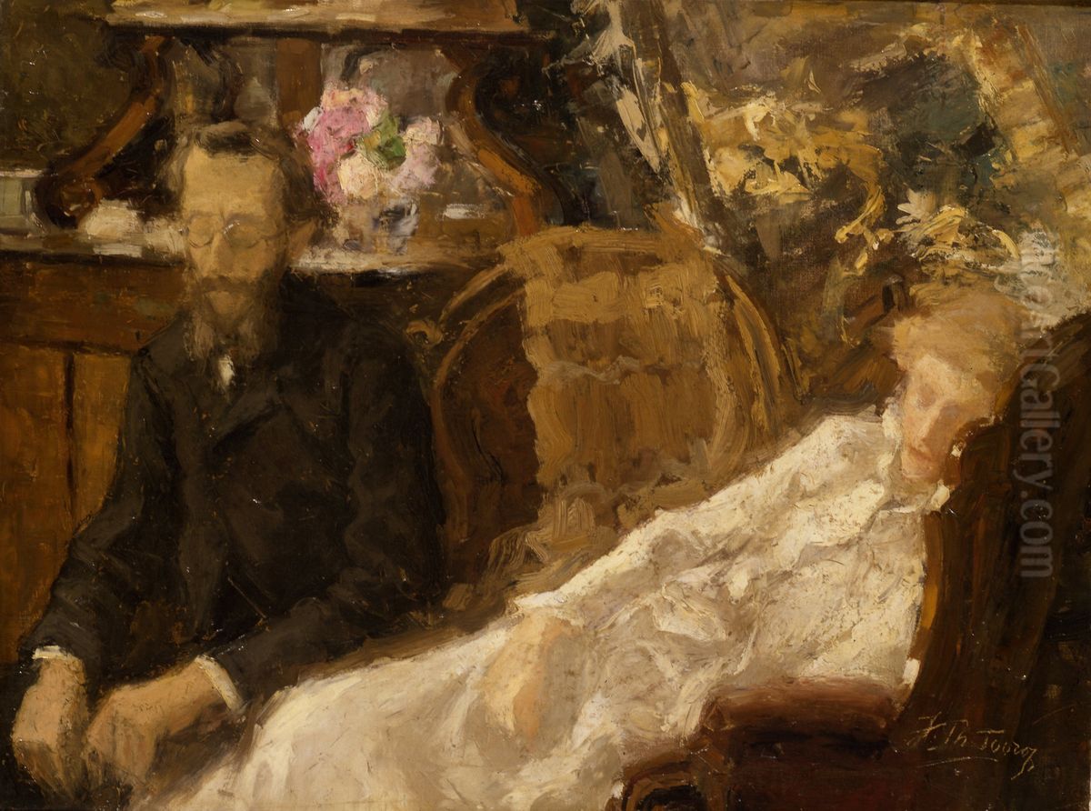 Interior with Annie Toorop-Hall and Ernst Ahn Oil Painting by Jan Toorop
