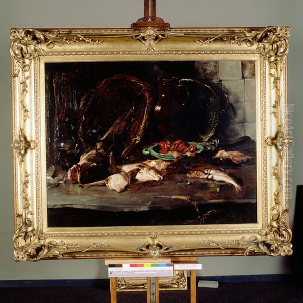 Stilleven met vissen (Vissen en visgerei) Oil Painting by Willem Roelofs (II)