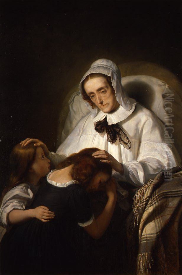 Portret van Cornelia Scheffer-Lamme die haar kleinkinderen zegent Oil Painting by Ary Scheffer