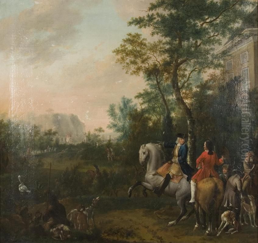 Jachtgezelschap te paard, met drijvers Oil Painting by Johannes Buma