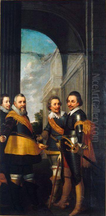 Portrait of Willem Lodewijk van Nassau-Dietz (1560-1620), Lodewijk Gunther van Nassau-Dietz (1575-1604), Ernst Casimir van Nassau-Dietz (1573-1632) en Philips van Nassau-Dietz (1566-1595) Oil Painting by Wybrand de Geest
