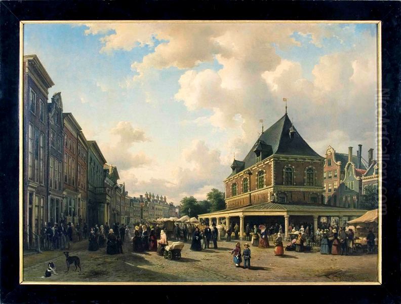 Gezicht op zuidzijde van de Nieuwestad, met rechts Waag tijdens marktdag, te Leeuwarden Oil Painting by Elias Van Bommel