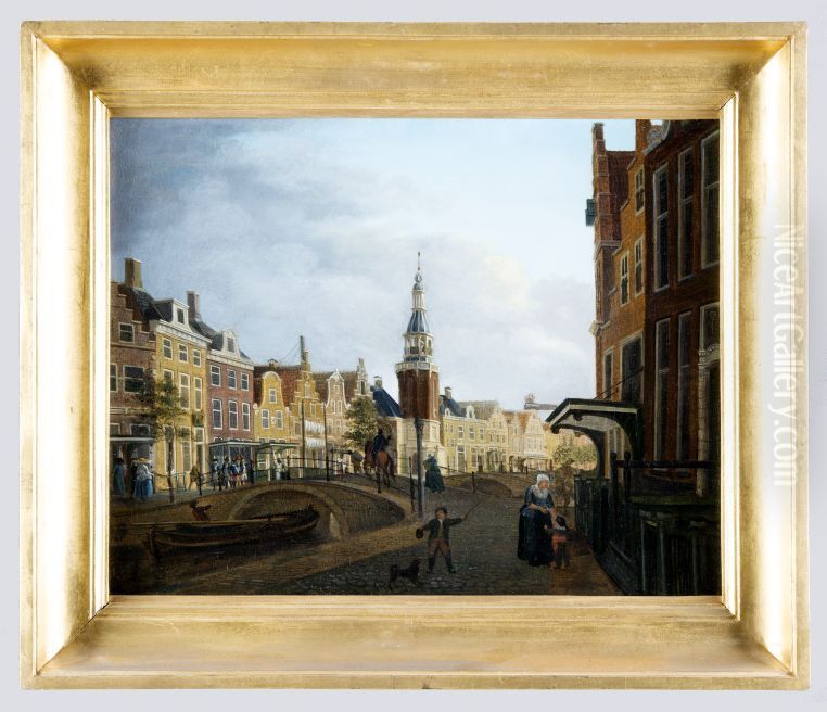 Gezicht langs Voorstraat te Harlingen met vele pijpen Oil Painting by Nicolaas Baur