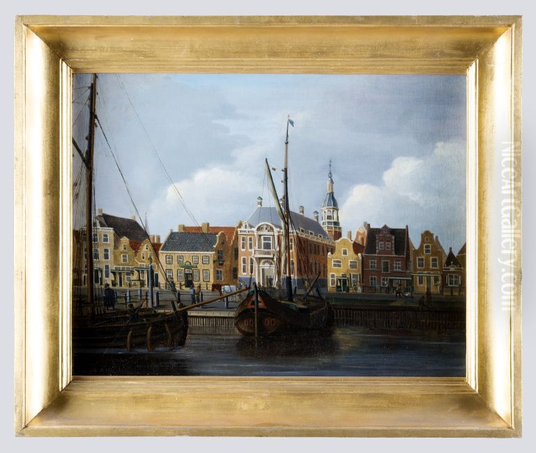 Gezicht in Harlingen met zuidelijke gevelwand langs Noorderhaven Oil Painting by Nicolaas Baur