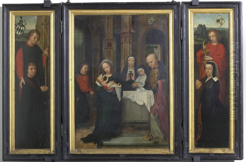 Opdracht in de Tempel, met schenkers op de luiken, en portret van Filips Wielant en Johanna van Halewijne met H. Filippus en H. Johannes Oil Painting by Adriaen Isenbrandt