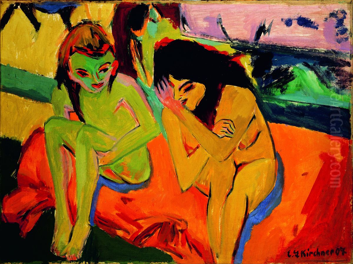 Two Girls / Naked Girls Talking Oil Painting by Ernst Ludwig Kirchner
