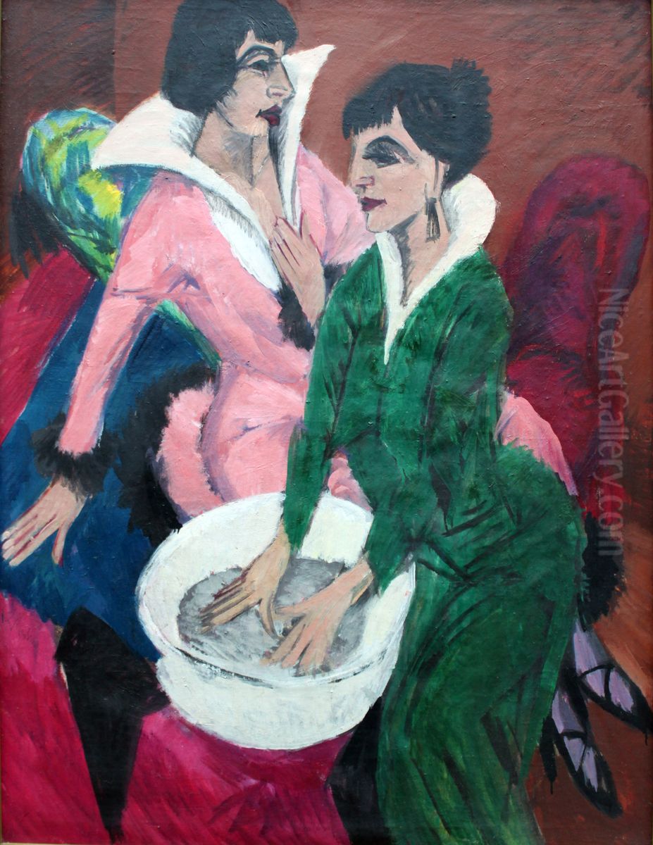 Zwei Frauen mit Waschbecken; Die Schwestern Oil Painting by Ernst Ludwig Kirchner