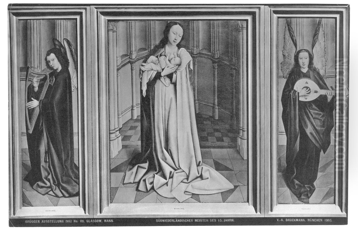 Triptych of Madonna lactans between an angel playing the harp and an angel playing the lute Oil Painting by Robert Campin Triptych of Madonna lactans between an angel playing the harp and an angel playing the lute Oil Painting by Robert Campin