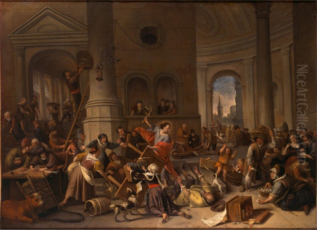 De verdrijving uit de tempel Oil Painting by Jan Steen