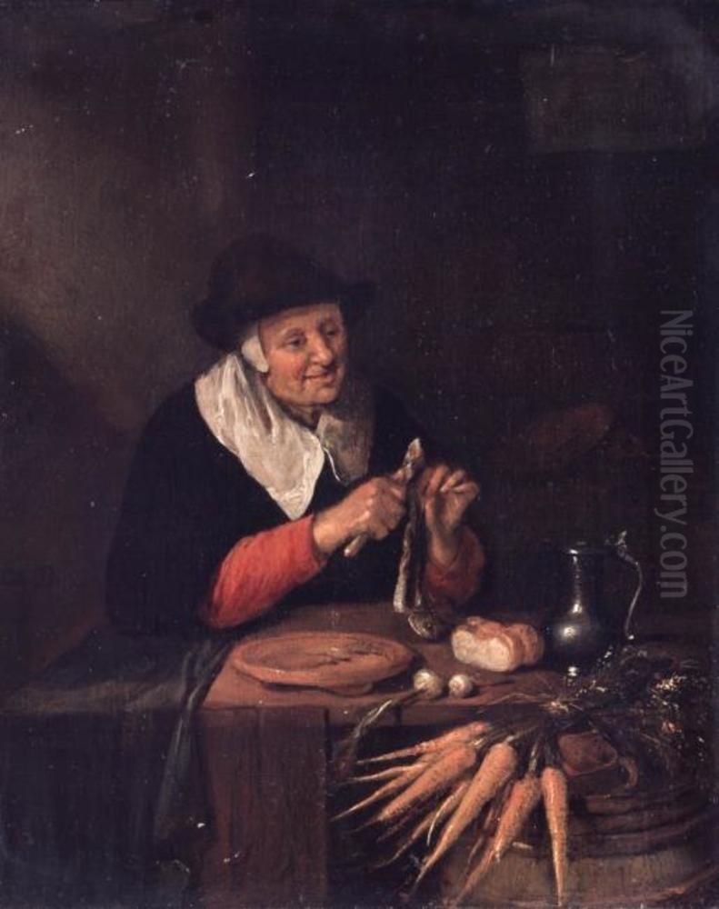 Old woman cleaning a herring Oil Painting by Quirijn van Brekelenkam