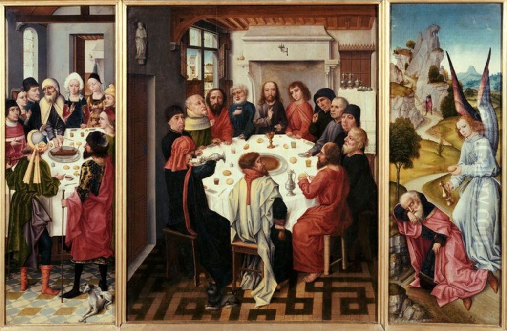 De viering van het joodse paasfeest (links), het Laatste Avondmaal (midden), Elia door de engel gelaafd en gespijzigd (I Koningen 19:5-6) (rechts) Oil Painting by Master Of The Legend Of Saint Catherine
