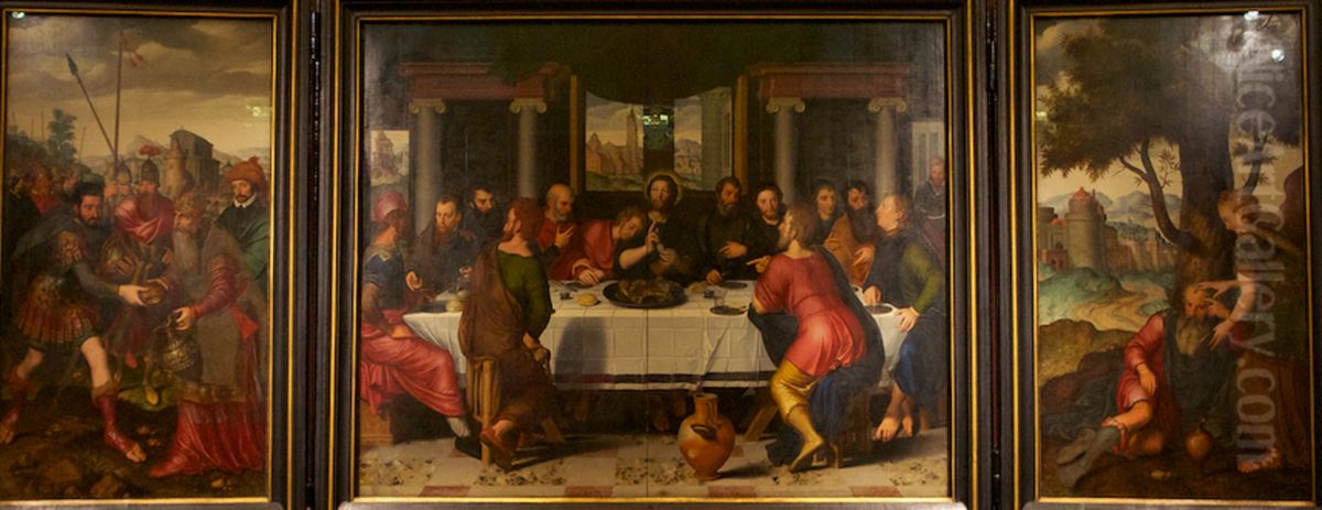 Triptych:Last Supper,Meeting of Abraham and MelchidesekandElia under the juniper tree Oil Painting by Pieter Pourbus