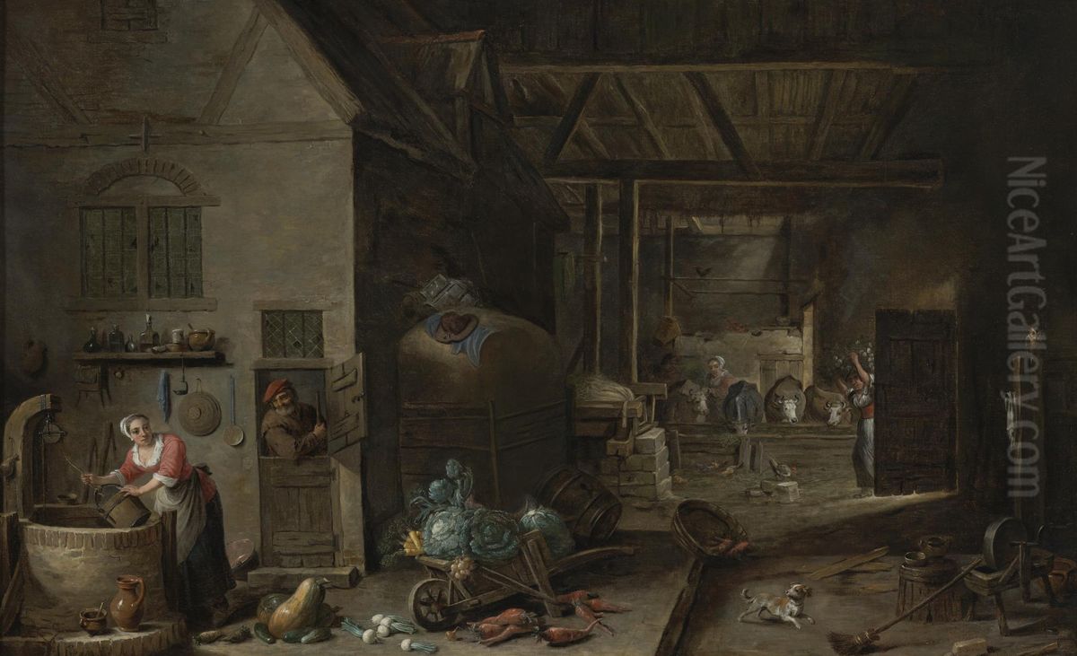Interior of a Farmhouse with Figures and Animals Oil Painting by David Teniers the Younger