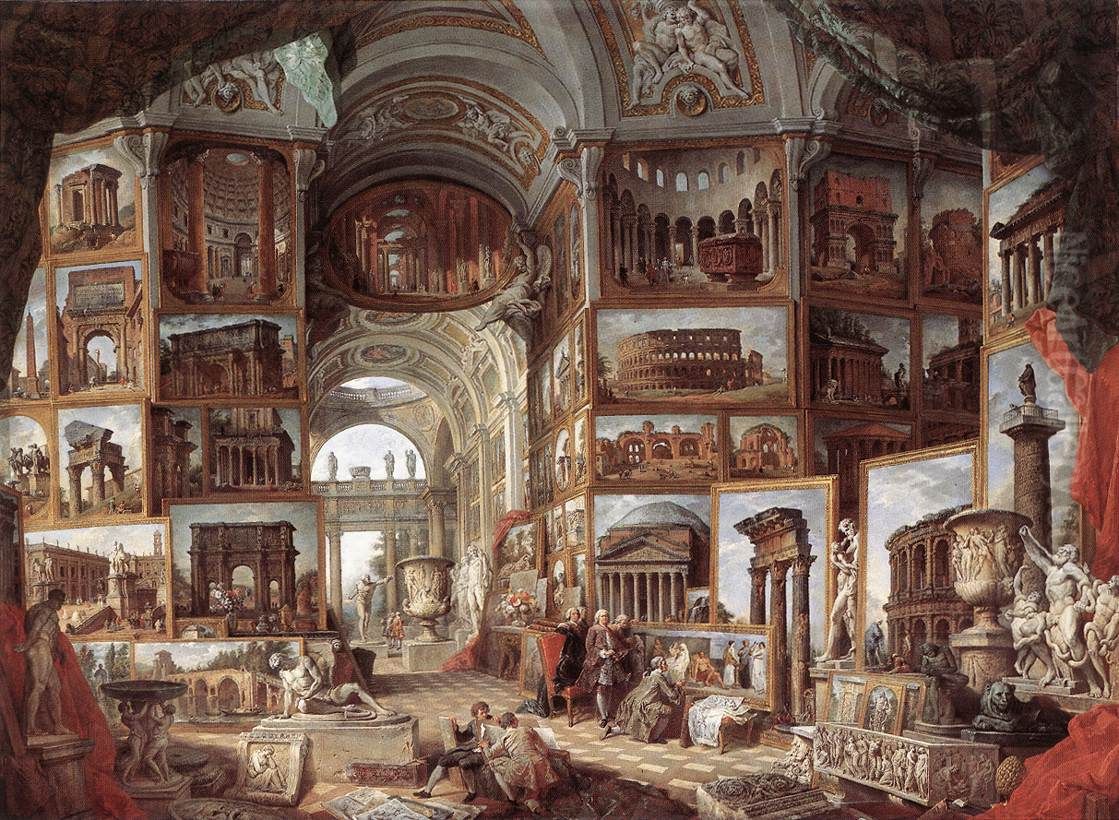 Roman ruins and sculpture Oil Painting by Giovanni Paolo Panini