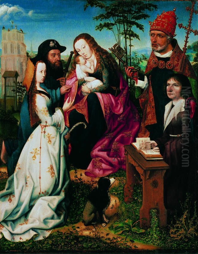 Madonna and Child with Saints and a Donor Oil Painting by Master Of Frankfurt