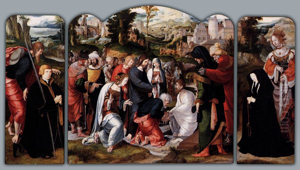 Saint James the Great with donor (recto left), the raising of Lazarus (middle), Saint Catherine with donatrix (recto right) Oil Painting by Aertgen van Leyden