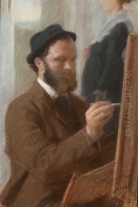 Michael Ancher maler portraettet af Anna, staende i doren