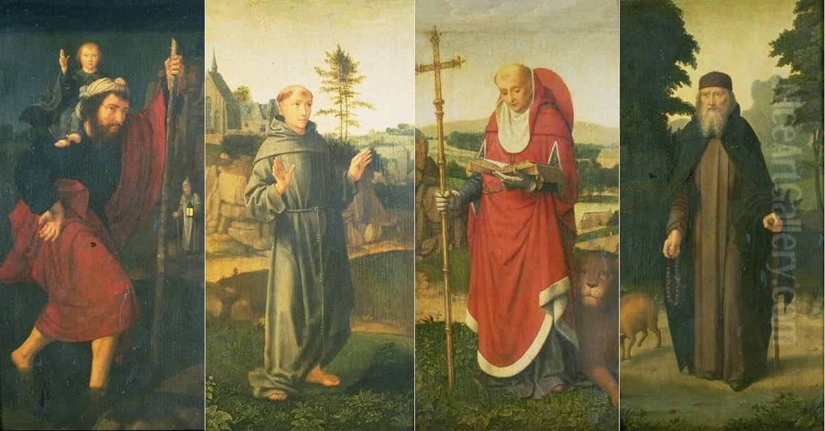 Wings of a Triptych with Saints Christopher, Francis, Jerome, Anthony Oil Painting by Gerard David