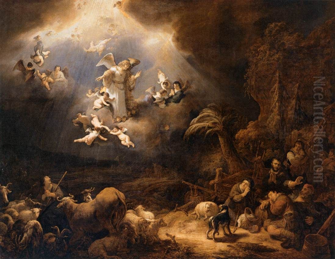 Angels Announcing the Birth of Christ to the Shepherds Oil Painting by Govert Flinck