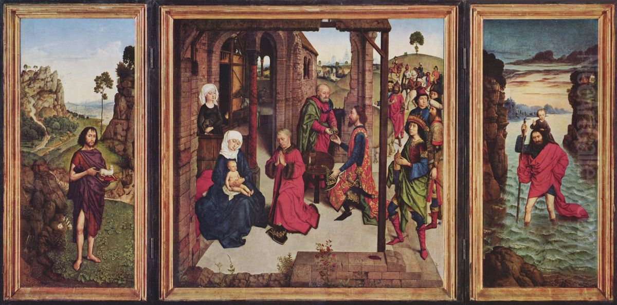 Johannes d. Taufer, Mitteltafel: Anbetung der Heiligen Drei Konige, rechter Flugel: Hl. Christophorus Oil Painting by Dieric Bouts