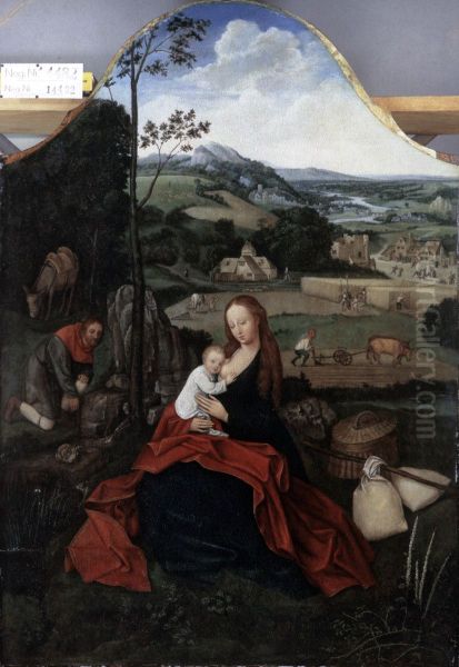 Central panel of a triptych: Rest on the Flight into Egypt Oil Painting by Joachim Patinir